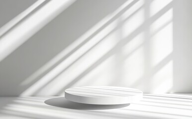 Poster - Minimalist White Platform Surrounded by Soft Shadows in Bright Room with Sunlight Streaming Through Windows