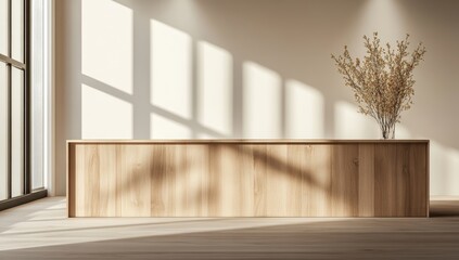 Poster - minimalist wooden reception desk in modern interior with natural light and decorative plant arrangem