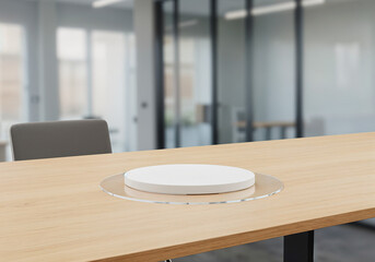 Poster - minimalist podium for product presentation against office background . Generative AI