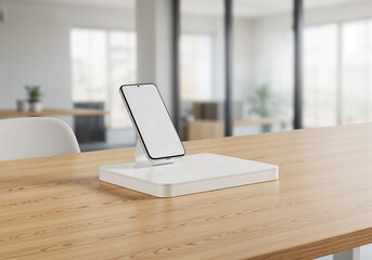 Poster - minimalist mobile phone mockup for product presentation against office background . Generative AI