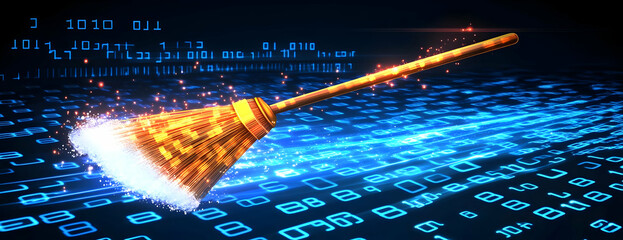 Poster - Digital cleanup broom sweeps binary code (2)