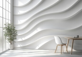 Poster - Modern Interior Design with Curved White Wall Texture and Minimalist Furniture in Bright Room Featuring Natural Light and Indoor Plant