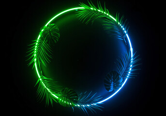 Poster - abstract background round frame with jungle leaves and neon backlight . Generative AI