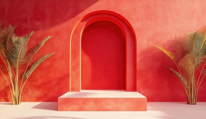 Poster - Modern minimalistic studio scene featuring a vibrant red wall, archway design, and tropical palm leaves creating a fresh and energetic atmosphere