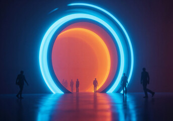 Poster - abstract background with silhouettes of people in futuristic neon interior . Generative AI