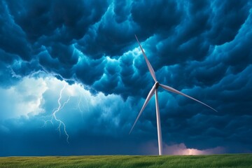 a wind turbine during a storm, its blades slicing through dark clouds as lightning flashes in the ba