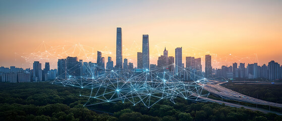 Poster - Sunset city skyline, network, highway