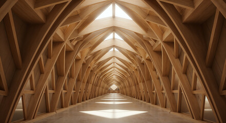 Poster - abstract background of wooden columns tunnel . Generative AI