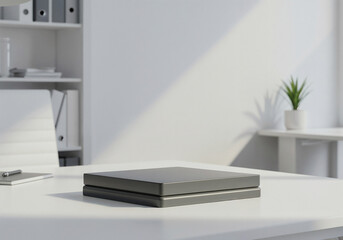 Poster - minimalist podium for product presentation against office background . Generative AI