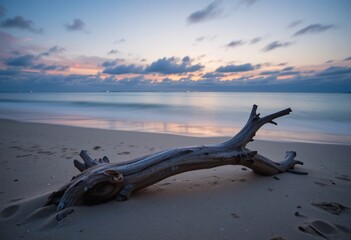 Poster - Driftwood Resting Peacefully. Sunset On A Sandy Shore Provides A Beautiful Backdrop, Creating A Calm Feeling. Gentle Waves. Ocean Reflects Pink And Blue Skies. Nature's Peace.