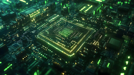Poster - CPU, Circuit Board, Technology, Green Glow, Digital
