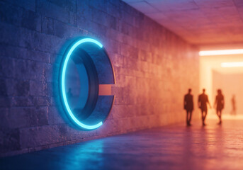 Poster - abstract background with silhouettes of people in futuristic neon interior . Generative AI