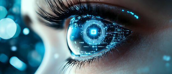 Poster - Woman's eye, digital overlay, bokeh background, future tech