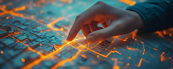 Poster - Finger tracing city map, glowing lines
