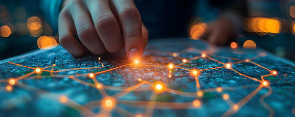 Poster - Finger tracing city map, night lights