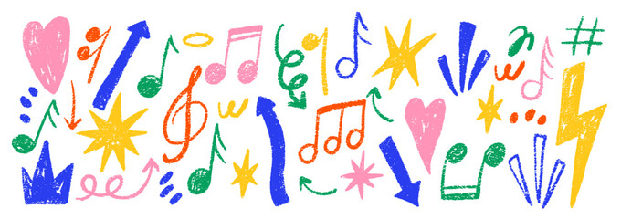 Aufkleber - Grunge rock punk music elements with crayon, pastel and chalk texture. Lightning, star, notes and crown in doodle style. Color vector illustration isolated on a white background.