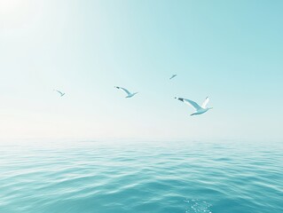 Poster - Serene Coastal Scene with Seagulls Flying Over Calm Ocean Water Under a Clear Blue Sky at Sunrise