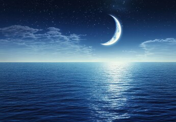 Poster - Serene Night Sky with a Crescent Moon Over Calm Ocean Waters Under a Starlit Atmosphere and Gentle Waves Reflecting Mystical Light