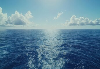 Poster - Serene Ocean Horizon with Sparkling Water and Soft Clouds Under Clear Blue Sky on a Tranquil Day
