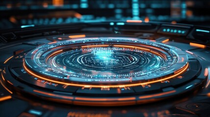 Poster - A glowing futuristic circular device with complex data visualizations displayed