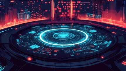 Poster - A futuristic circular platform with neon blue and red lights