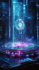 Poster - A futuristic digital platform emits streams of data in blue hues