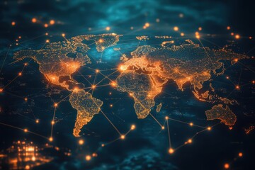 Poster - A connected world map with glowing lines and cities, showcasing global connectivity. Glowing Lines and Cities