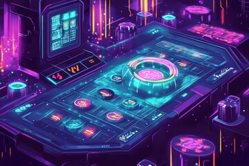 Poster - Futuristic digital game console with vibrant colors and glowing elements