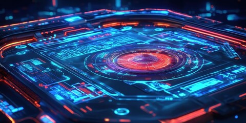 Poster - A futuristic circuit board displays complex data and visual elements