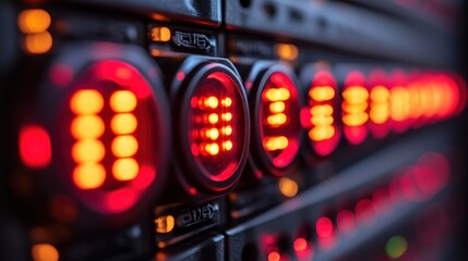 Aufkleber - Close-up of illuminated control panel buttons with glowing red lights, showing intricate detail and shallow depth of field.