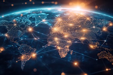 Poster - A digital world map with glowing lines, symbolizing global connectivity and network expansion
