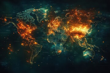 Poster - A digital map with illuminated lines representing global communication and networks