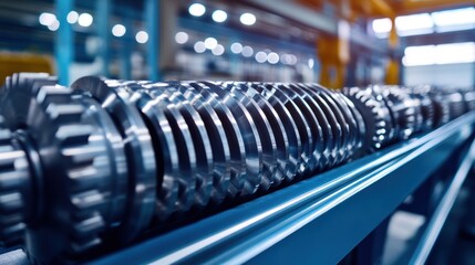 Fototapete - Close-up of precision-engineered metal gears on a factory conveyor belt.