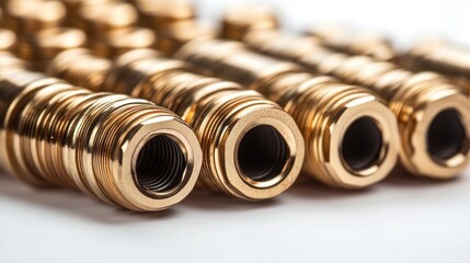 Leinwandbilder - Close-up of shiny gold metal connectors, arranged neatly on a white background.