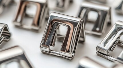 Aufkleber - Close-up of shiny metal binder clips scattered on a white surface.