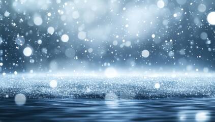 Poster - Sparkling Blue Water with Soft Blurry Bokeh Effects and Gentle Raindrops Creating a Dreamy and Ethereal Atmosphere in a Calm Environment