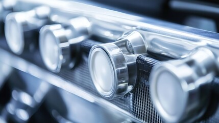 Poster - Close-up of shiny metallic industrial equipment with circular knobs and grid.
