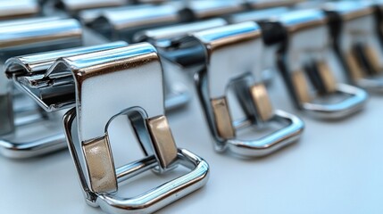Aufkleber - Close-up of shiny metal fasteners arranged in rows on a white surface.