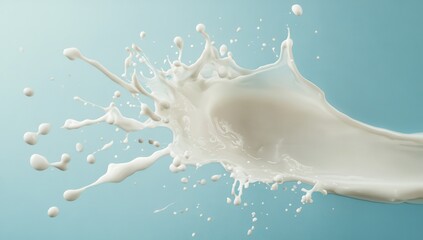 Poster - Splash of Fresh Milk Igniting Amidst a Light Blue Background Capturing the Essence of Purity and Refreshment in a Dynamic Form
