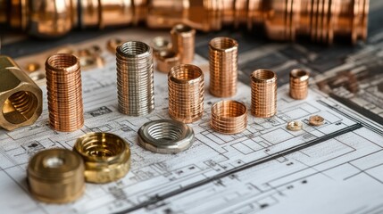 Aufkleber - Close-up of various copper and brass threaded fittings arranged on a blueprint.