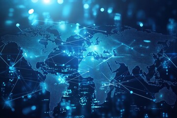 Poster - A light blue backdrop showcasing a digital world map and network connections