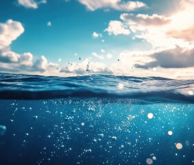 Poster - Stunning underwater view featuring sparkling bubbles, serene blue water, and a vibrant sky with fluffy clouds during a beautiful day