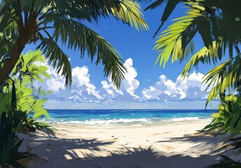 Poster - Tranquil Beach View Framed by Lush Palm Trees Under a Clear Blue Sky and Soft White Clouds Ideal for Vacation and Relaxation Themes