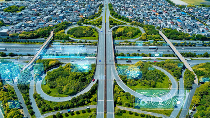 Aufkleber - 交通、道路、高速道路、自動車、空撮、ジャンクション、ITS、MaaS、テクノロジー、システム、未来、俯瞰、ドローン、ハイアングル、展望、パノラマ、インターチェンジ、物流、ロジスティクス、技術、テック、建設、インフラ、スピード、自動運転、DX、GUI、インターフェース、cg、発展、流通、デジタル、トランスフォーメーション、上昇、森林、環境、データ、分析、モニタリング、GPS、ナビゲーション、mobi