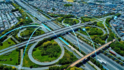 Aufkleber - transportation, traffic, road, communication, automobile, junction, highway, aerial view, network, ITS, MaaS, future, bird eye view, drone, traffic, IoT, DX, speed, autonomous driving, technology, onl