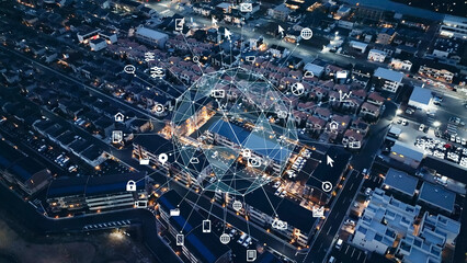 Aufkleber - network, city, residential area, aerial view, landscape, communication, cityscape, technology, cloud, house, smart, AI, artificial intelligence, drone, government, public, local government, LGWAN, bir