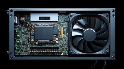 Aufkleber - Close-up view of a computer's internal components, including a motherboard, processor, cooling fan, and memory.