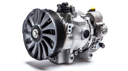 Poster - Close-up view of a modern automotive air conditioning compressor isolated on white background.
