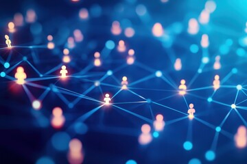 Poster - A web of human connection in a digital age or a network of people connected to each other with glowing lights on them and a blue background