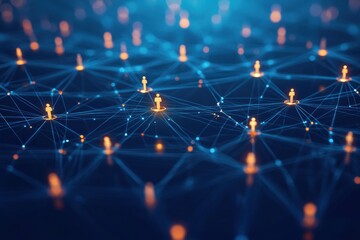 Poster - A luminous network of human interaction. a network of people connected to each other with glowing lights on them and a blue background